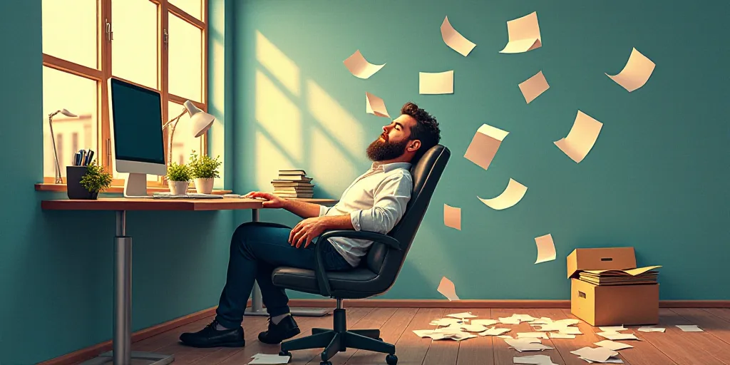 a man is sleeping on a chair at a desk with a computer and papers flying around him, with a lot of p