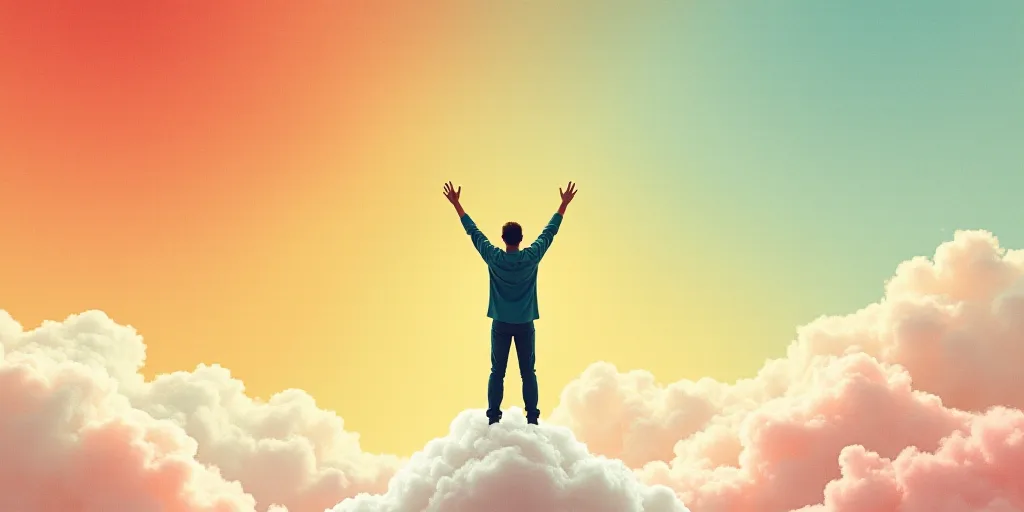 a man is standing on a cloud with his arms up in the air and his arms are in the air, Diego Gisbert