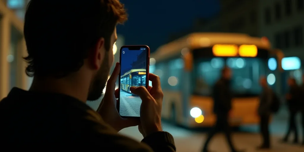 a man is taking a picture of a bus at night with his cell phone in his hand and people walking by, E