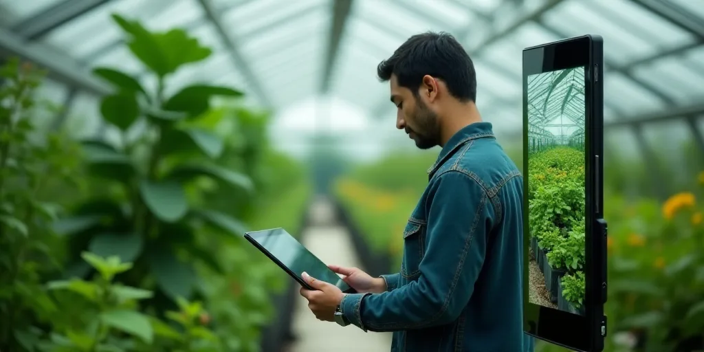 a man is using a tablet to see plants in a greenhouse with a camera attached to the screen and a gre
