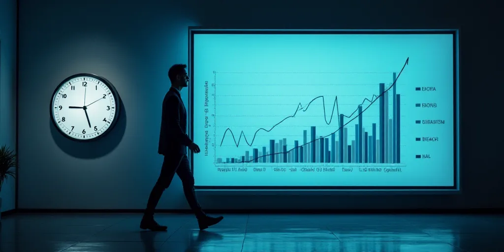a man is walking past a large screen with a chart on it's side and a clock on the wall, Andries Stoc