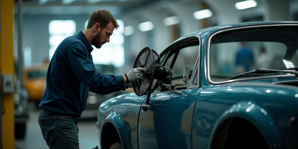 a man is working on a car in a factory with a fan on the back of it's hood, Bela Čikoš Sesija, xf