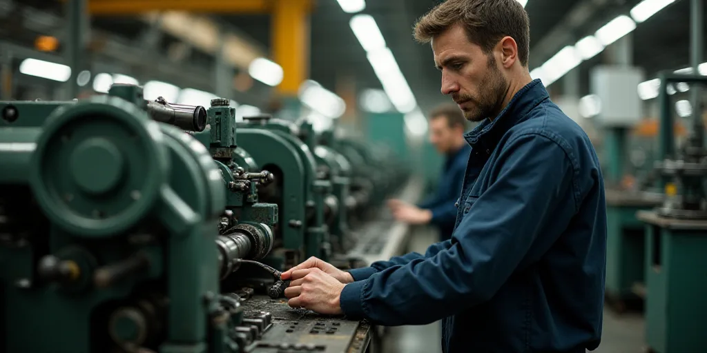 a man is working on a machine in a factory with other workers in the background working on the machi