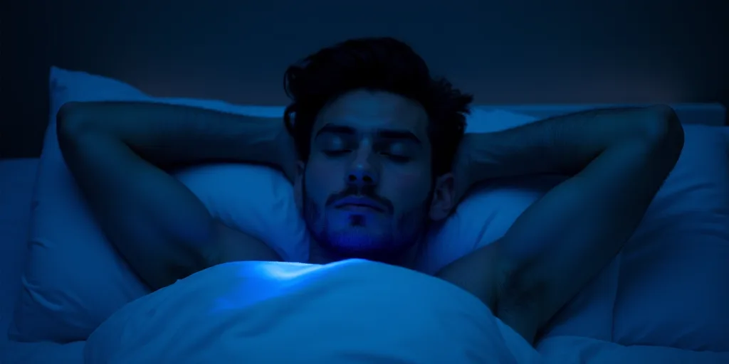 a man laying in bed with his hands on his head and eyes closed, with a blue light shining on him, Be