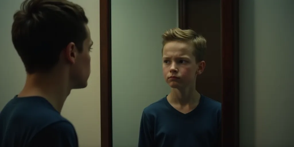 a man looking at his reflection in a mirror while a boy looks at his reflection in the mirror with a