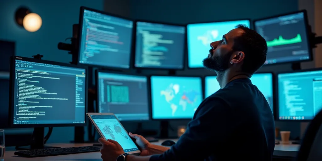 a man looking up at a computer screen with a lot of monitors in the background and a tablet in his h