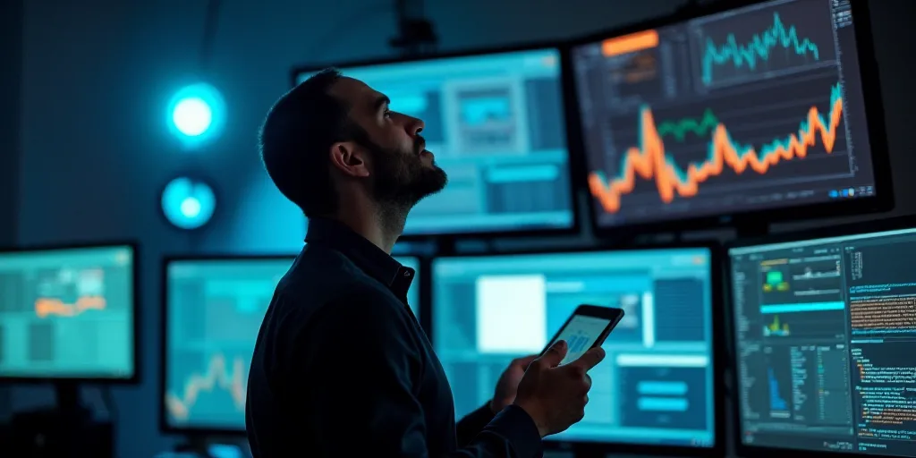 a man looking up at a computer screen with a lot of monitors in the background and a tablet in his h