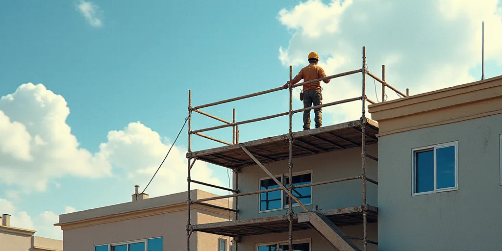 a man on a scaffolding on a building with a helmet on top of it and a building under construction, E