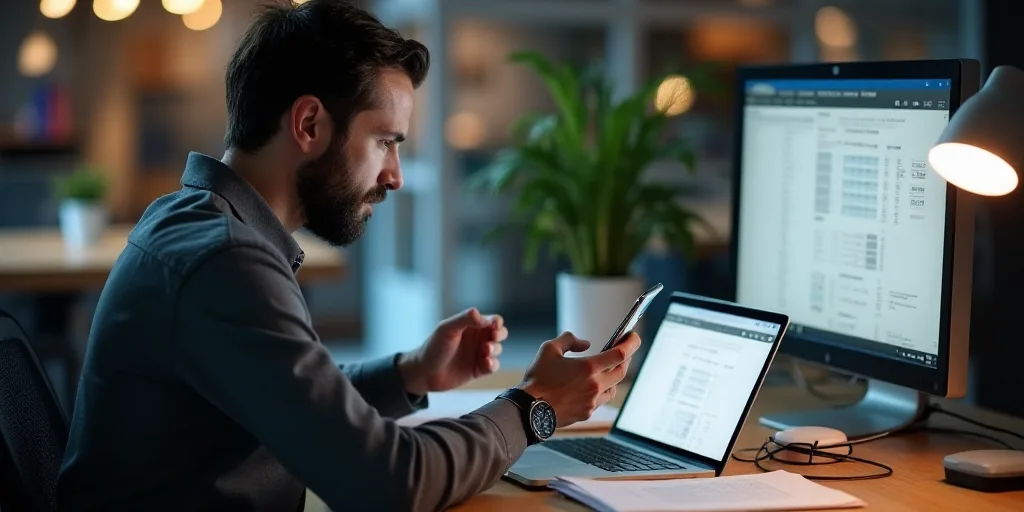 a man sitting at a desk using a laptop computer and holding a cell phone in his hand and looking at