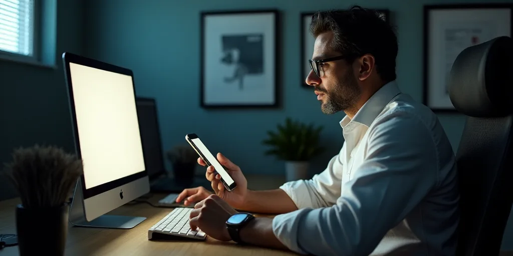 a man sitting at a desk with a computer and a phone in his hand and a monitor on the desk, Estuardo