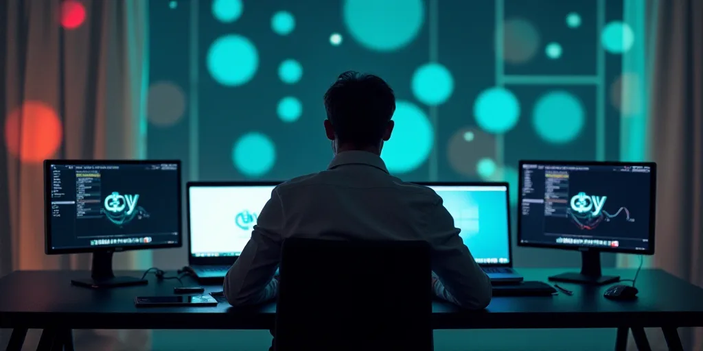 a man sitting at a desk with three laptops and a tablet computer on it, with a person sitting at a d