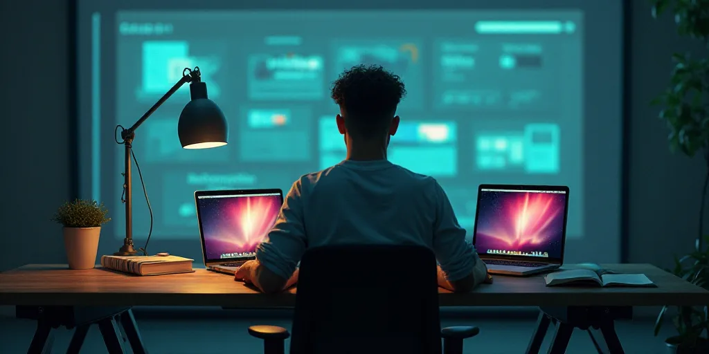 a man sitting at a desk with two laptops and a book on it, with a book open to the side of the desk,