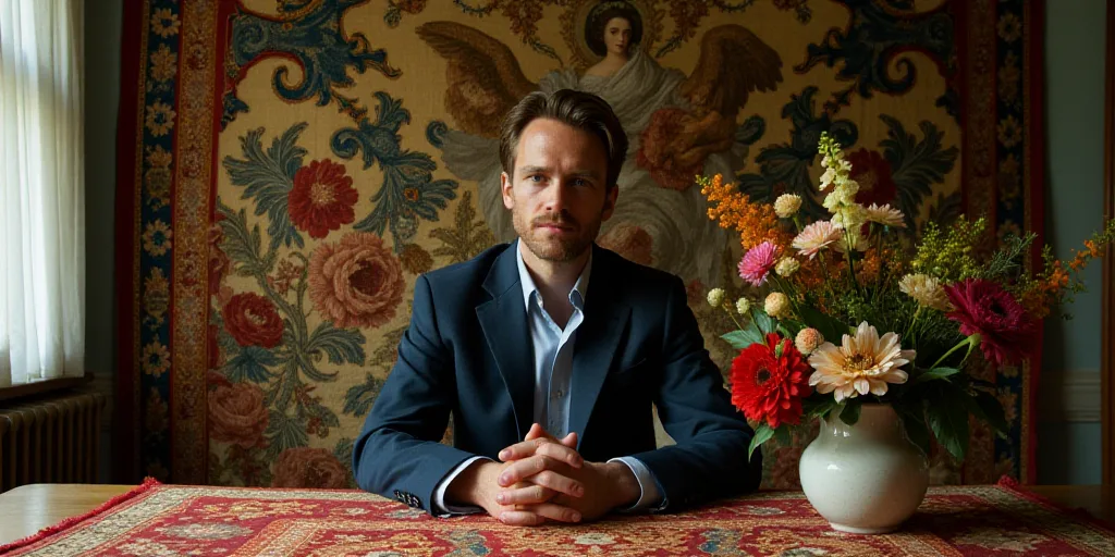 a man sitting at a table with a vase of flowers in front of him and a tapestry behind him, David G.
