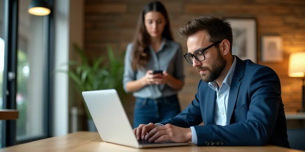 a man sitting at a table with a laptop computer in front of him and a woman standing behind him, Cef