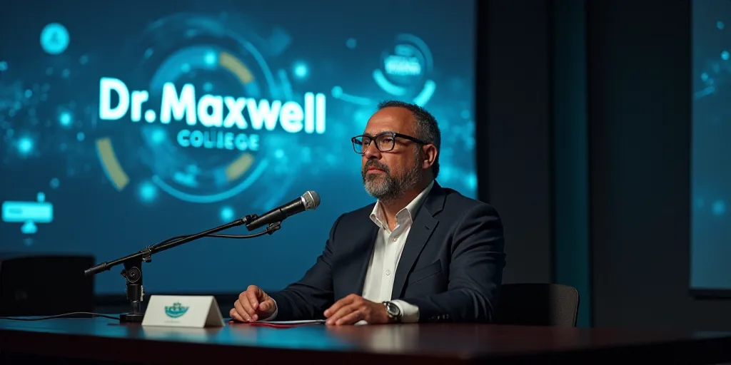 a man sitting at a table with a microphone in front of him and a sign behind him that says, dr maxwe