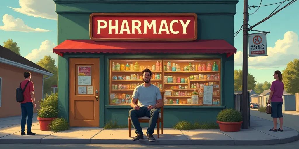 a man sitting in a chair in front of a pharmacy store with a pharmacy sign in the background and peo