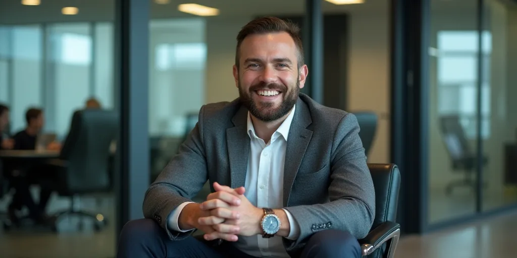 a man sitting in a chair with his hands on his knees and smiling at the camera, with a glass wall in