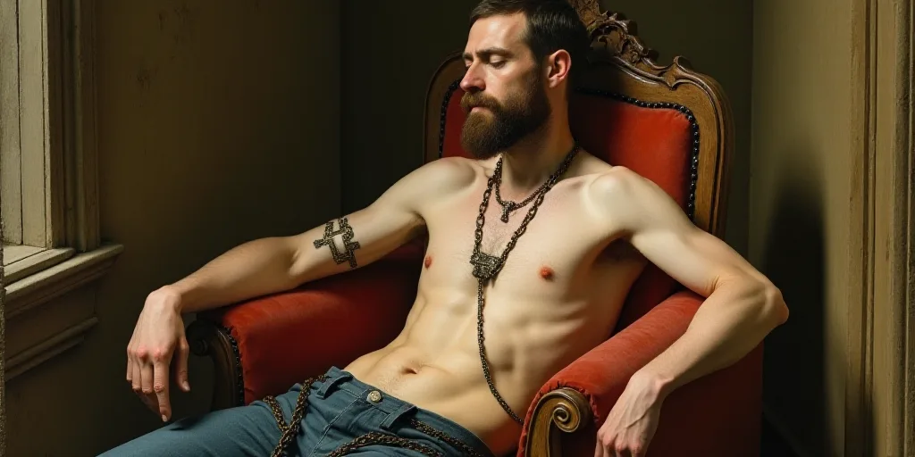 a man sitting in a chair with a cross on his arm and a chain around his neck and a cross on his shou