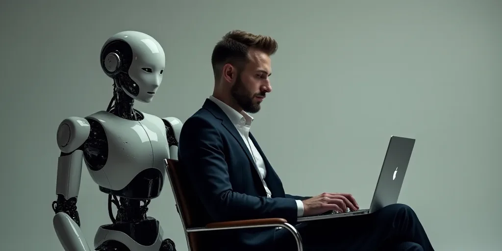 a man sitting in a chair with a laptop in front of him and a robot behind him, both of which are wea