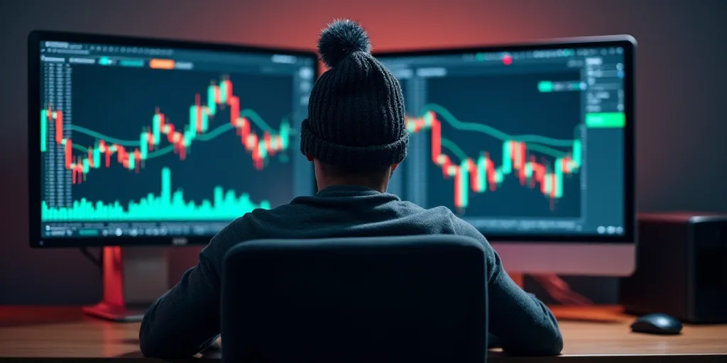 a man sitting in front of two computer monitors with a stock chart on the screen and a beanie on his