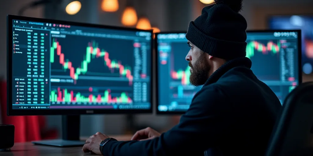 a man sitting in front of two computer monitors with a stock chart on the screen and a beanie on his