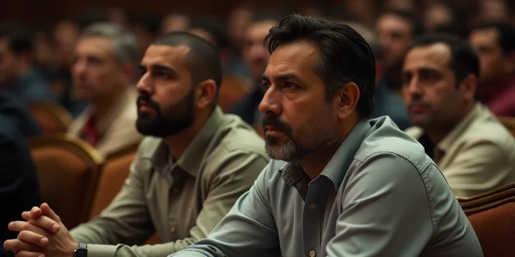 a man sitting next to another man in a crowd of people with their hands together and looking at some