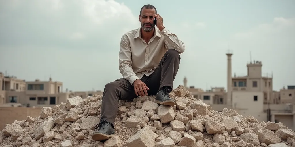 a man sitting on a pile of rubble talking on a cell phone while holding his head in his hands, Ahmed