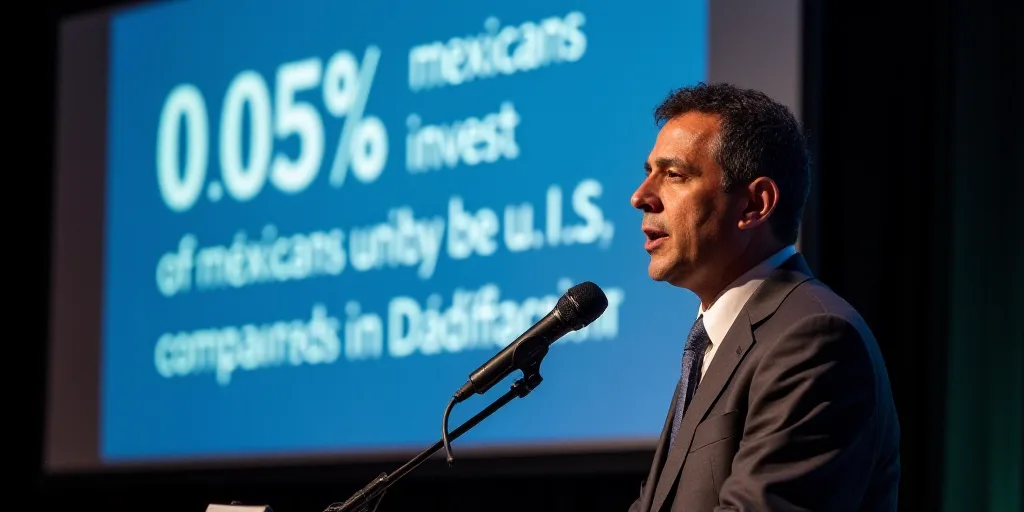 a man speaking into a microphone in front of a screen with a sign that says, 0 055 % of mexicans inv