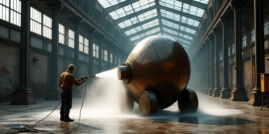 a man spraying water on a large metal structure in a factory with lots of windows and beams on the c