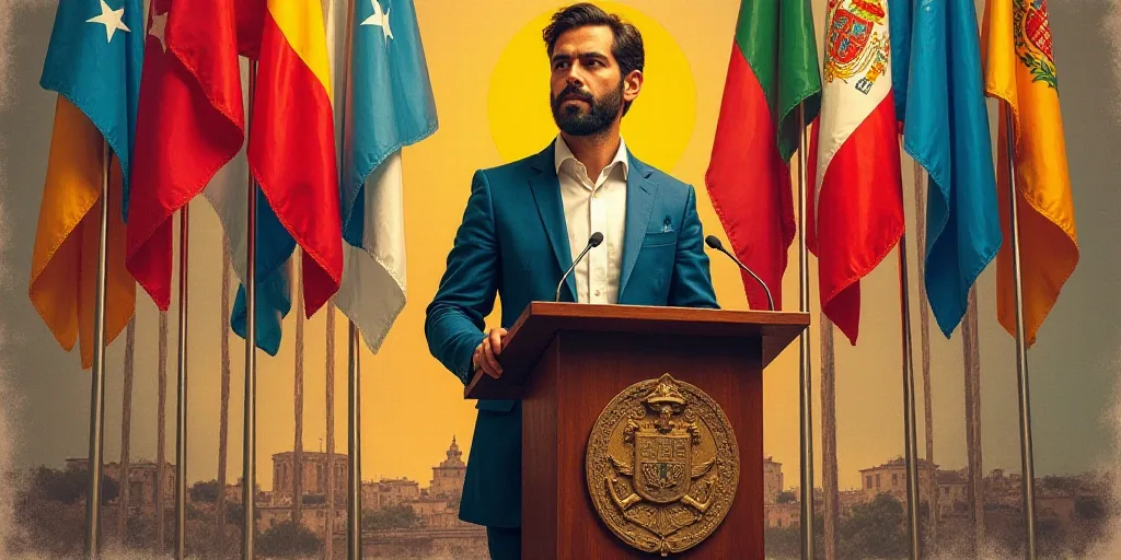 a man standing at a podium in front of flags and a sign that says semagua in spanish, Diego Velázqu