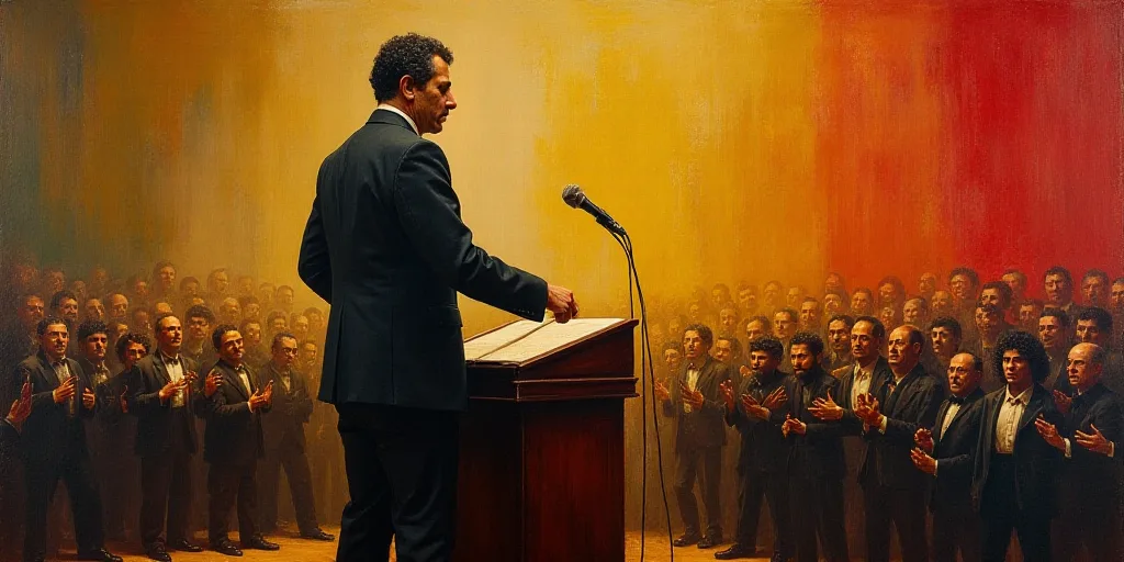 a man standing at a podium in front of a crowd of people with microphones in their hands and a micro