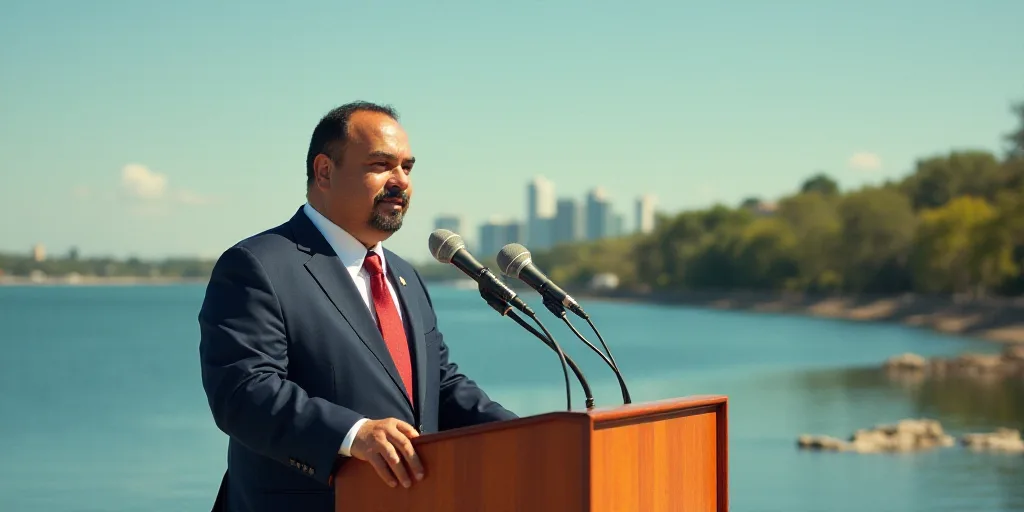 a man standing at a podium with microphones in front of him and a body of water in the background, F