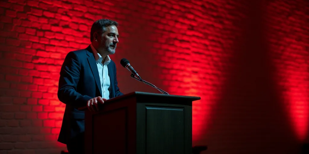 a man standing at a podium with a microphone in front of him and a brick wall behind him with a red