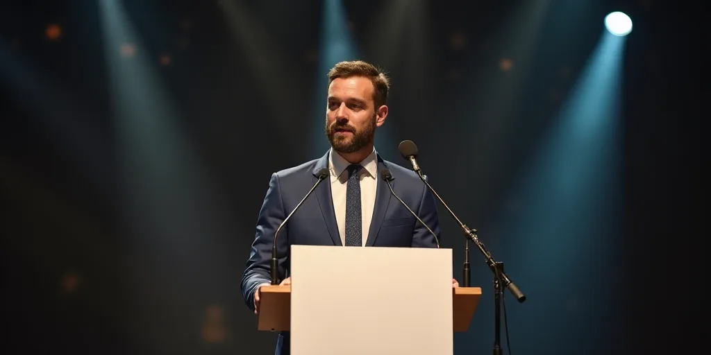 a man standing at a podium with a sign in front of him and a microphone in front of him, Dahlov Ipca