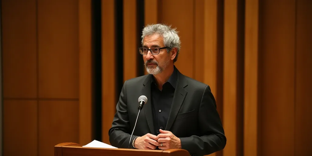 a man standing at a podium with a microphone in his hand and a wooden wall behind him with a wooden