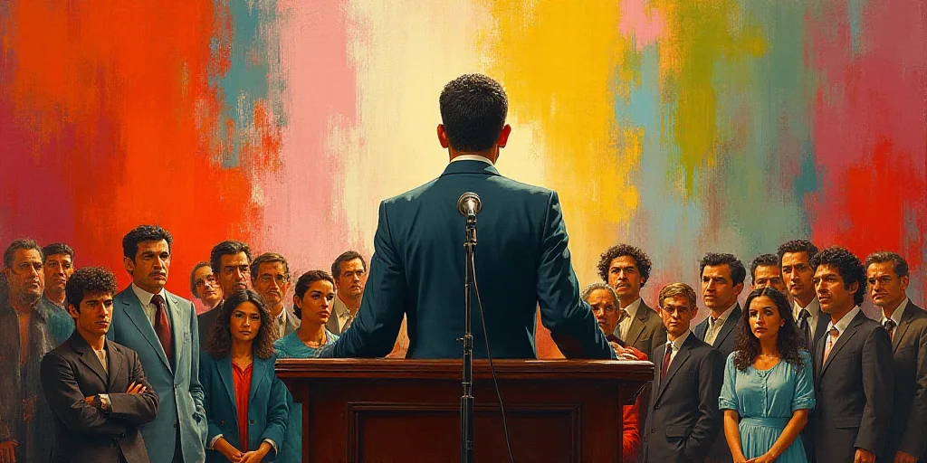 a man standing at a podium with a microphone in front of him and people behind him watching him from