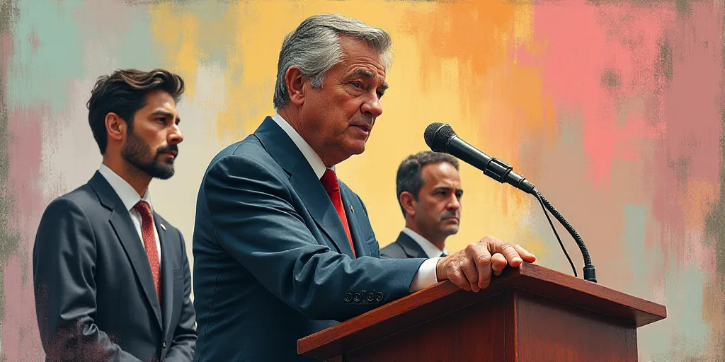 a man standing at a podium with a microphone in front of him and two other people behind him and a b