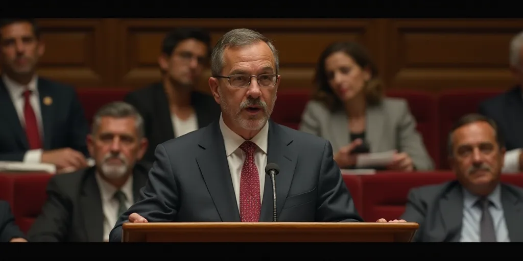 a man standing at a podium with a microphone in front of him and other people sitting in chairs behi