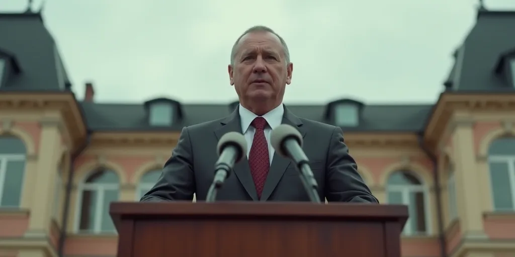 a man standing at a podium with microphones in front of him and a building in the background with a