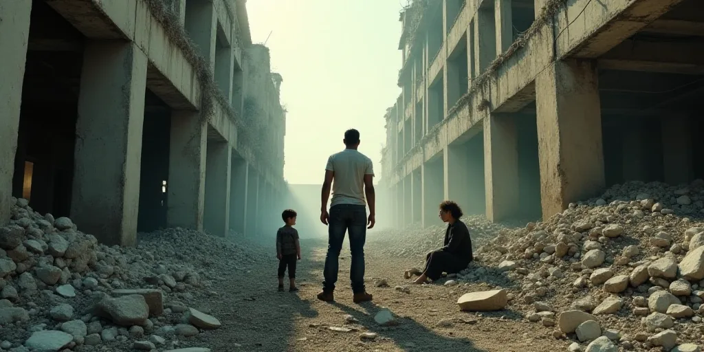 a man standing in a destroyed building with a child nearby looking at him and a woman sitting on the