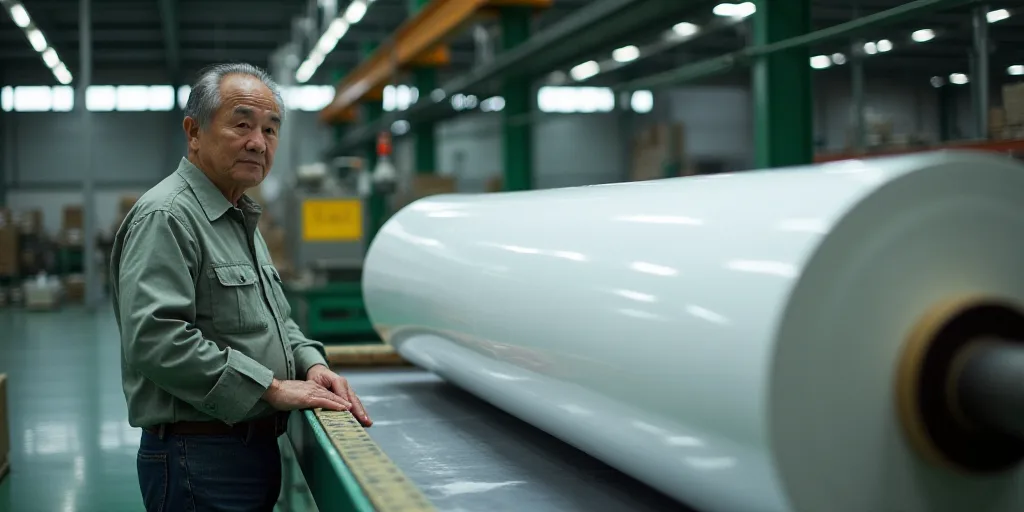 a man standing in a warehouse next to a roll of aluminum foil on a conveyor belt with a yellow tag,
