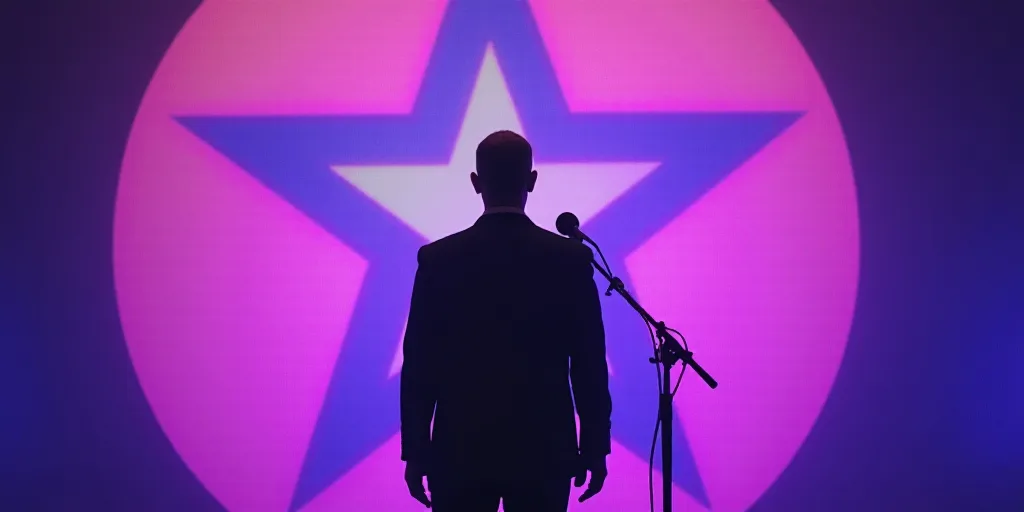a man standing in front of a microphone in front of a purple backdrop with a yellow and blue star, F