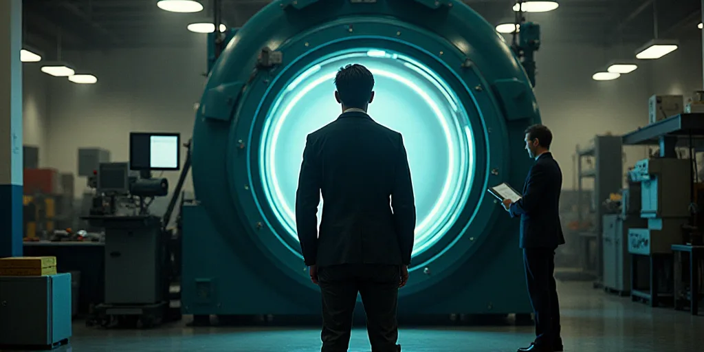 a man standing in front of a machine in a factory with a man in the background looking at it, Enguer