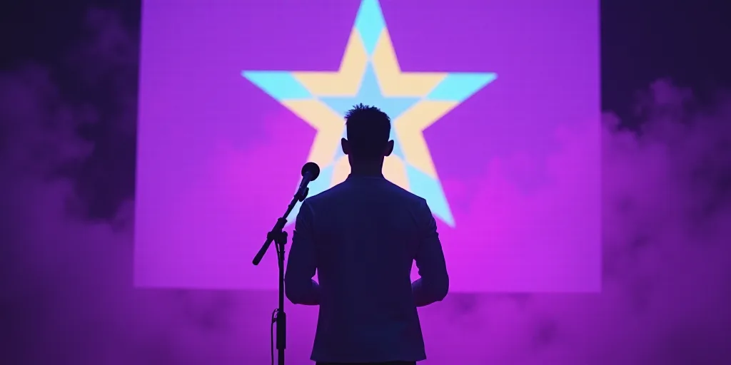 a man standing in front of a microphone in front of a purple backdrop with a yellow and blue star, F