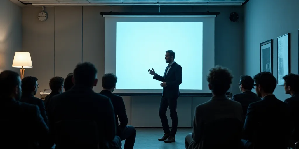 a man standing in front of a projection screen giving a presentation to a group of people in a room,