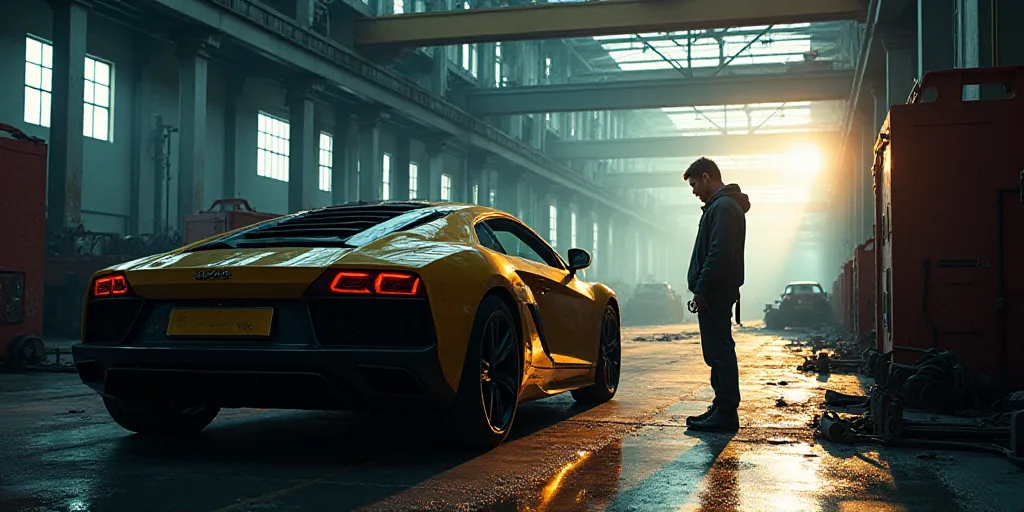 a man standing next to a car in a factory with a crane on the ceiling and a car in the background, A