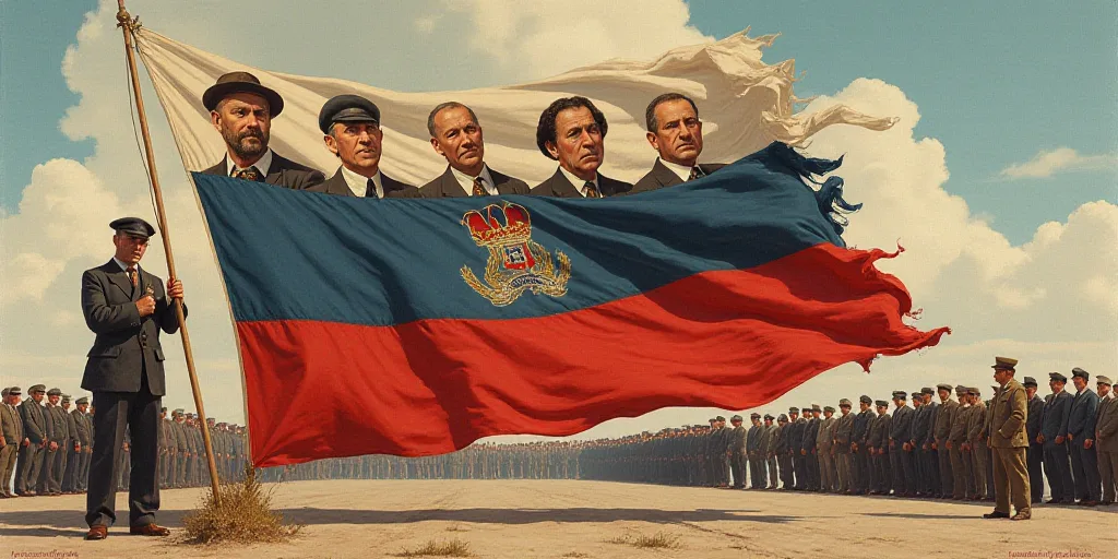 a man standing next to a large flag with pictures of people on it and a man holding a flag, Andrey Y
