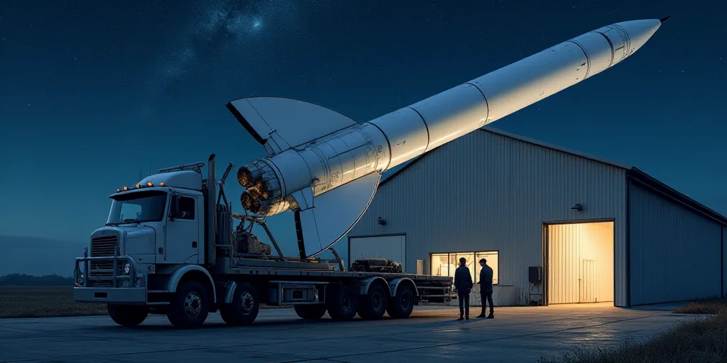 a man standing next to a large white rocket on a truck in front of a building at night time, Epsylon