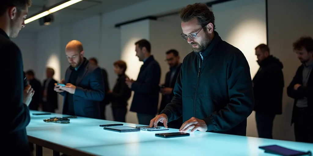 a man standing next to a table with cell phones on it and people looking at them in the background,