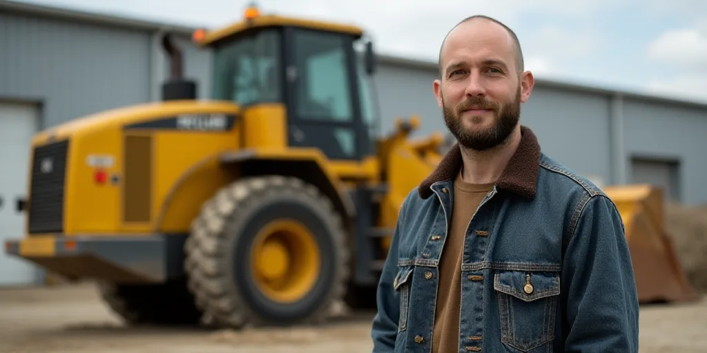 a man standing next to a tractor in front of a building with a large yellow bulldozer behind it, Avi